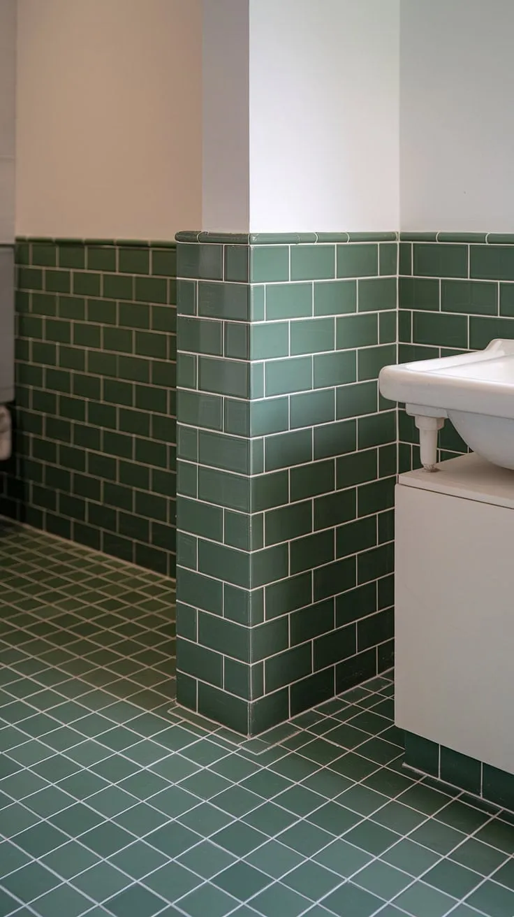 The green tile is the star of this bathroom, with the green tile bathroom's design featuring eye-catching green tile wainscoting that extends halfway up the walls. The coordinating bathroom floor tiles and a clean white tile trim between the wainscoting and upper walls create a balanced and stylish green tile bathroom.