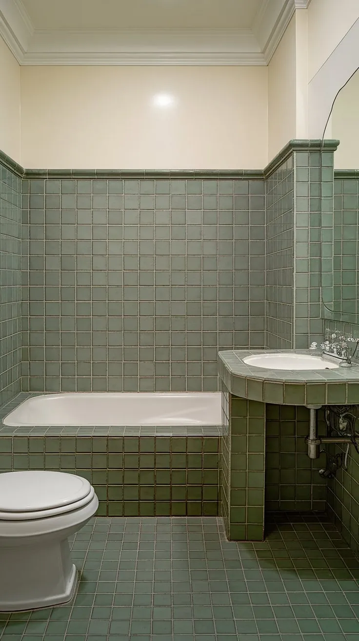 A serene green tile bathroom, completely clad in lush green tile wainscoting that extends from floor to ceiling. The green bathroom tiles create a calming atmosphere, complemented by crisp white fixtures, including a bathtub with white tile trim and a matching sink with a green tiled backdrop. The bathroom floor tiles mirror the wall's vibrant hue, creating a cohesive and stylish space.