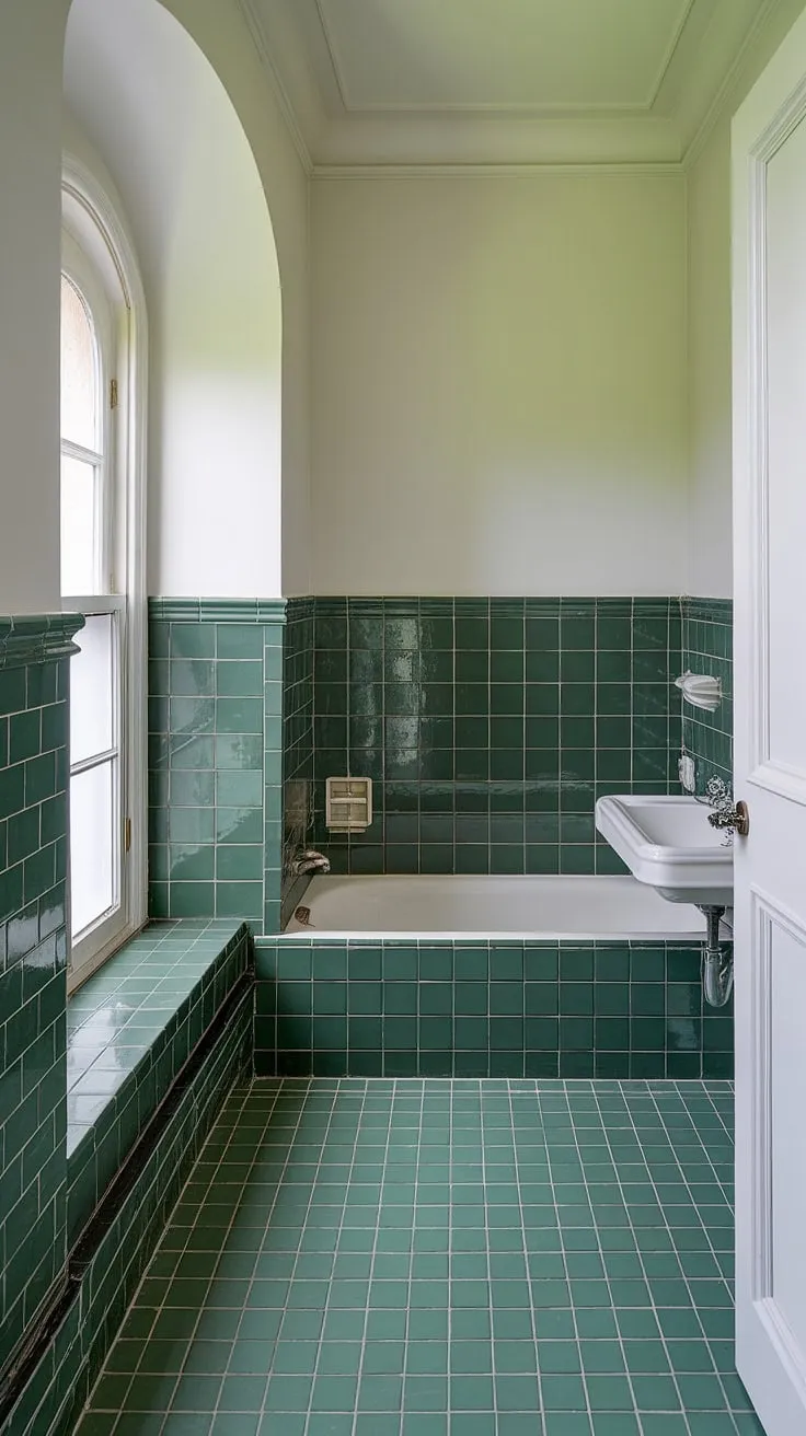 A refreshing escape awaits in this green tile bathroom. The eye-catching green bathroom tiles, used for both the tile wainscoting and bathroom floor tiles, create a spa-like atmosphere. White walls and a white door offer a clean contrast, while the green tile backsplash behind the sink and the green tile ledge beneath the window add delightful pops of color. The overall effect is a beautifully coordinated and inviting space.