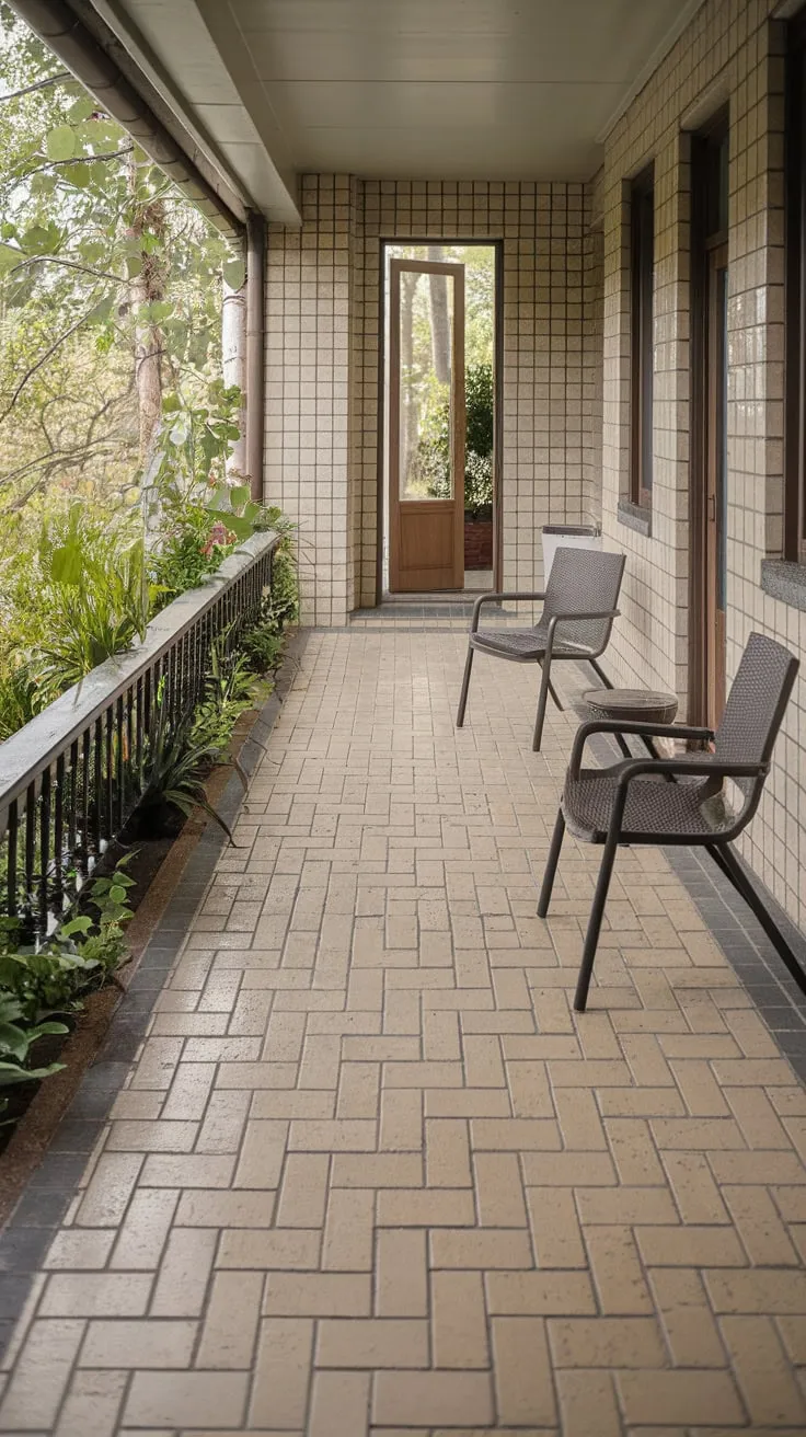 Elevated Porch Retreat with Textured Tiles and Greenery