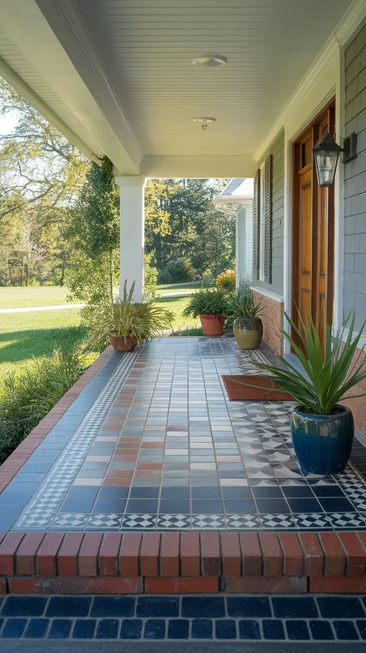 Vibrant Tiled Porch Oasis Surrounded by Nature