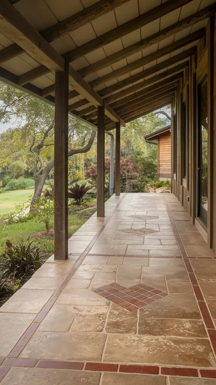 Serene Rustic Porch with Textured Tiles and Lush Surroundings