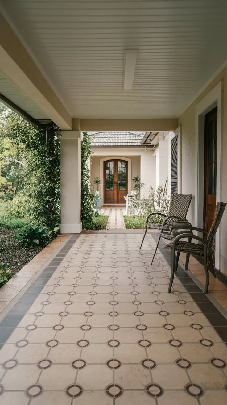 Stylish Tiled Porch Surrounded by Greenery
