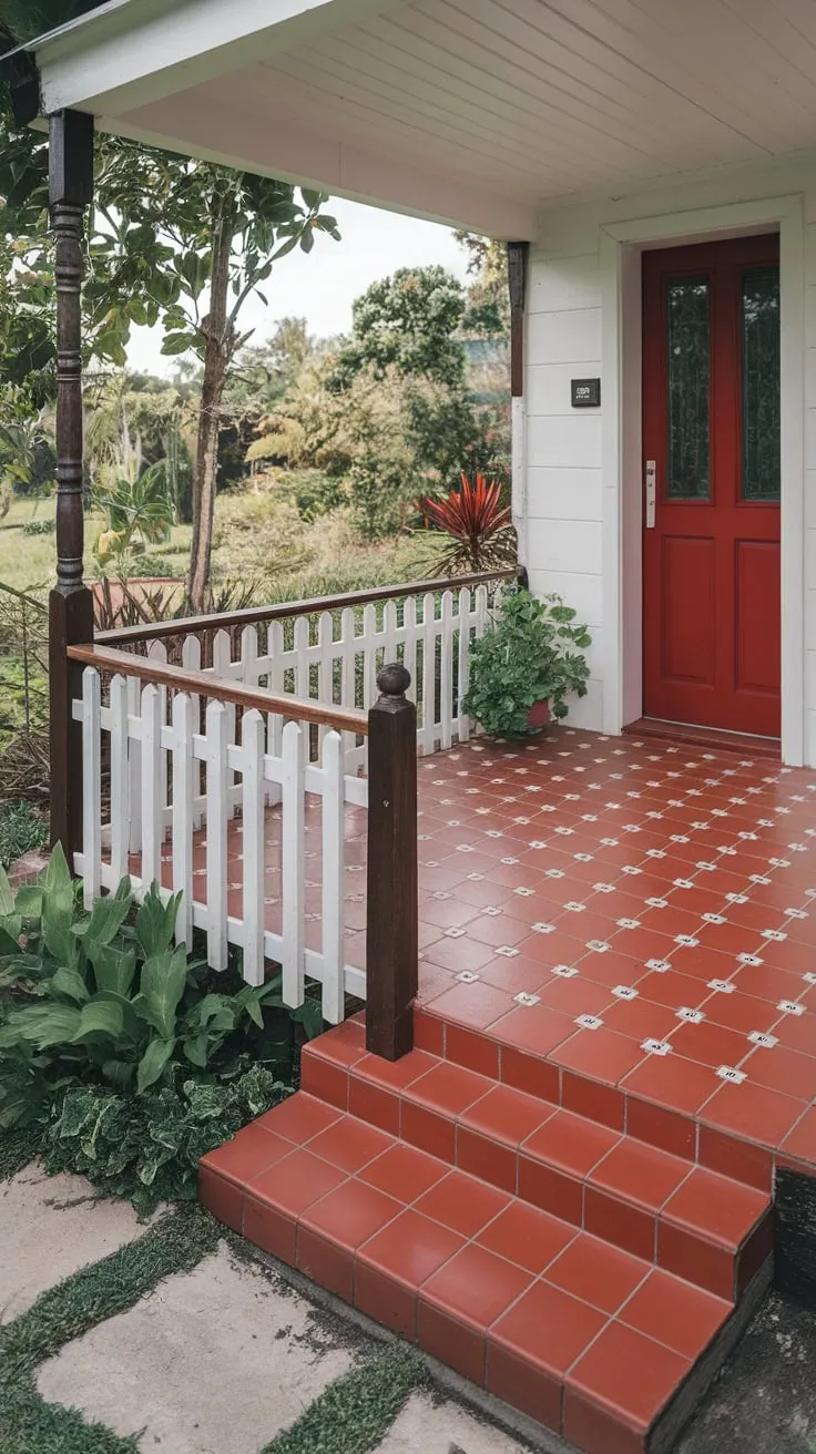 Inviting Front Porch Oasis with Patterned Tiles and Lush Greenery