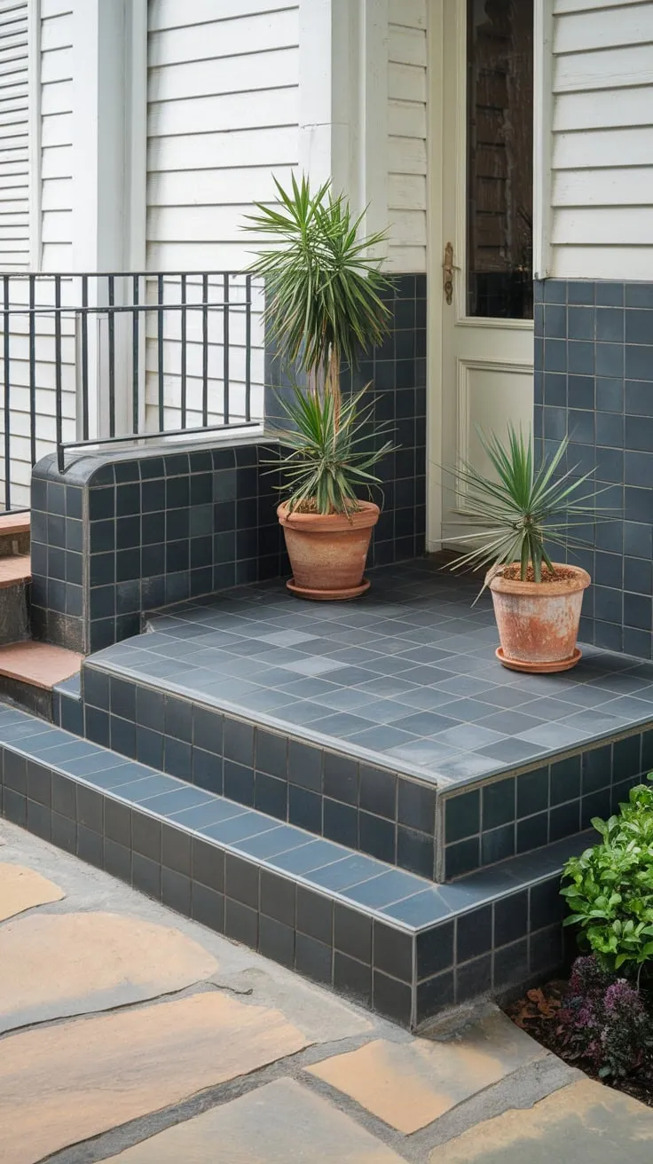 Chic Tiled Porch Oasis with Potted Plants