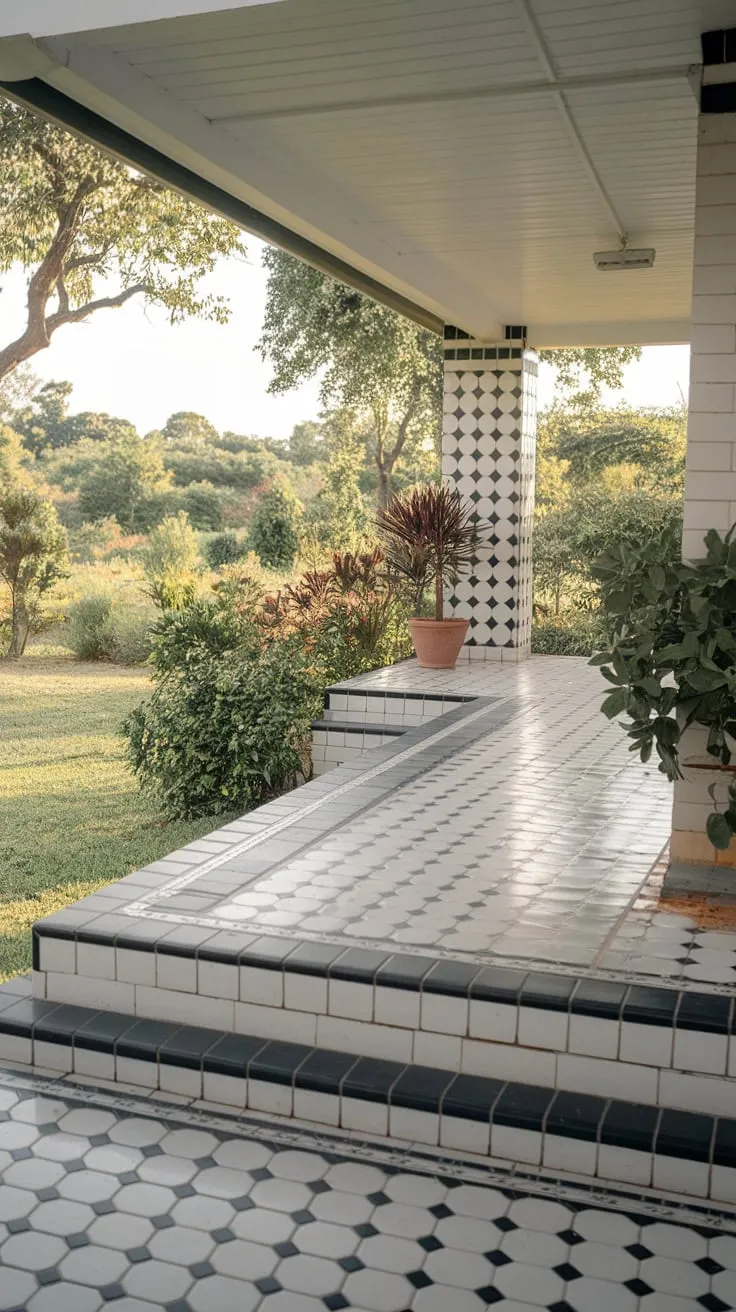 Charming Tiled Porch with Lush Greenery