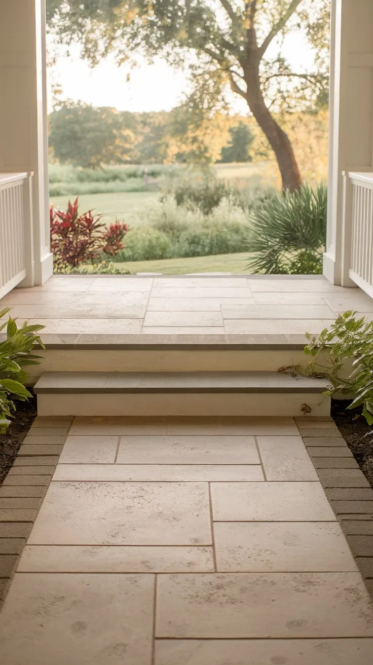 Charming Tiled Front Porch with a Lush Green Backdrop