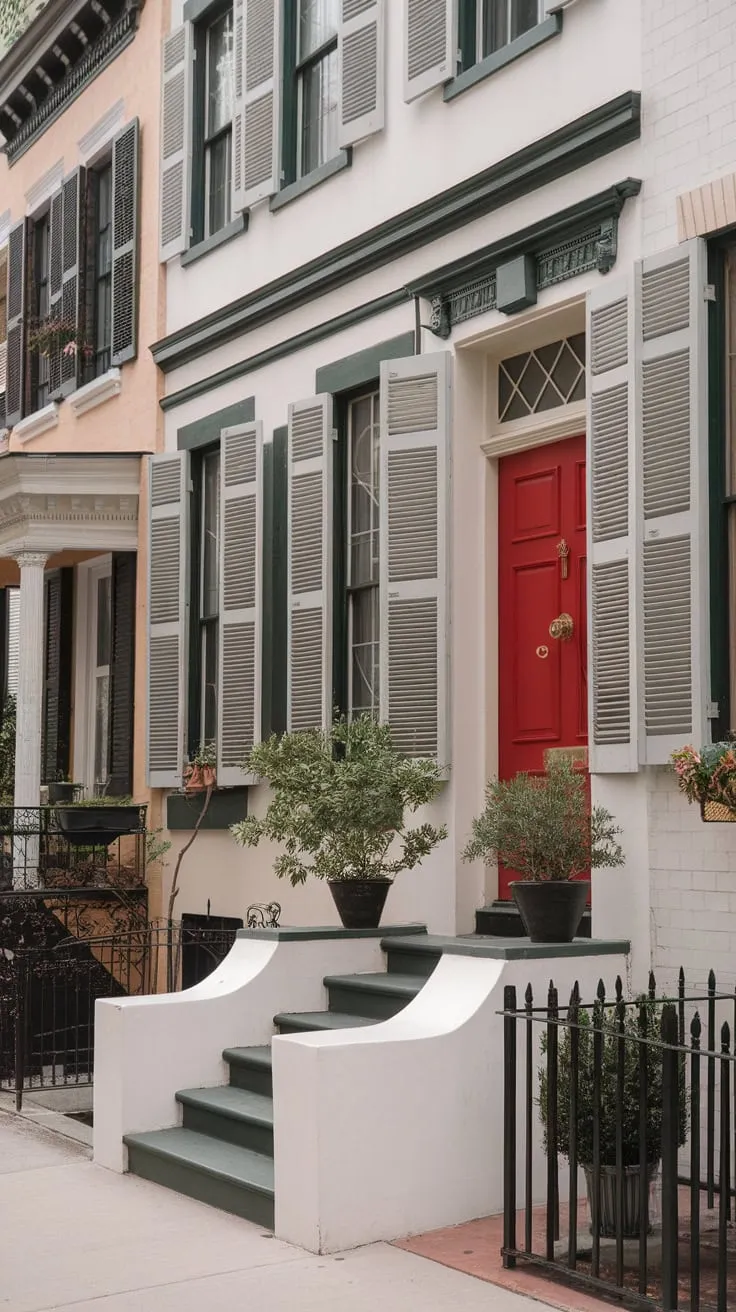 Charming Urban Townhouse Porch with Red Door