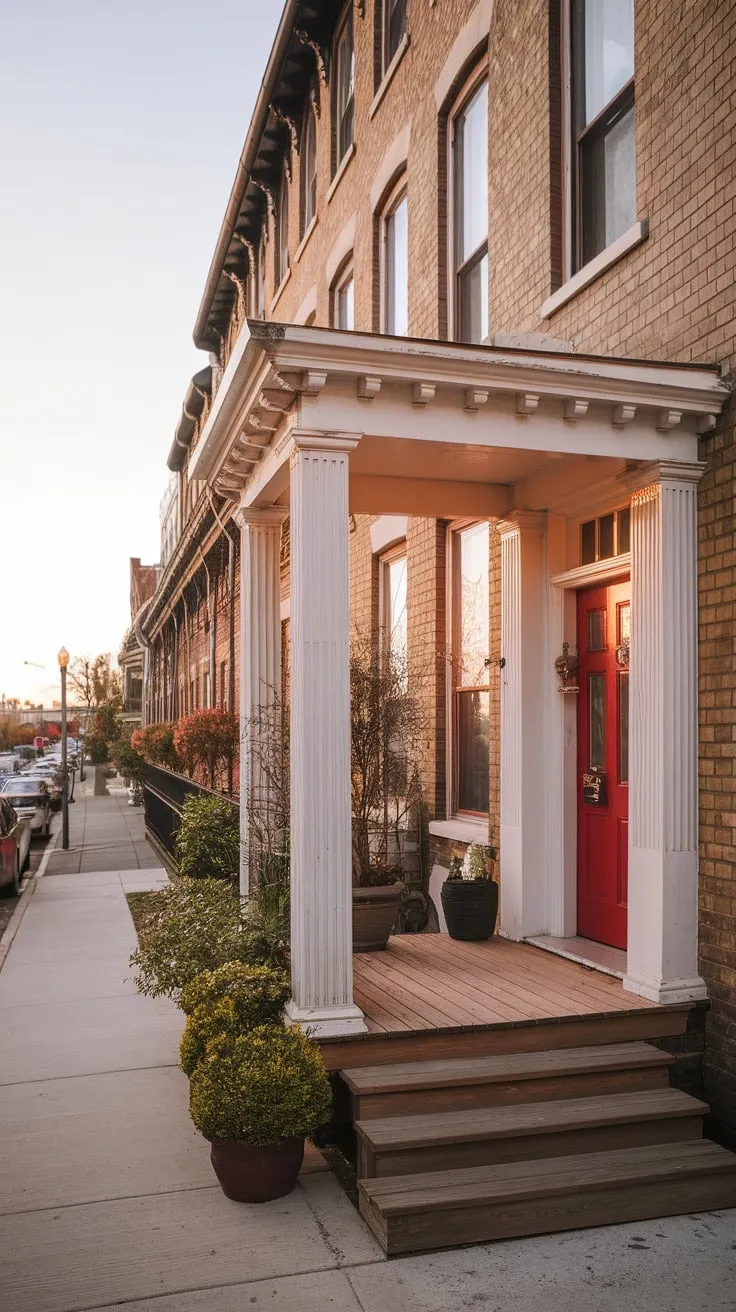 Charming Townhouse Porch with Red Door and Potted Plants