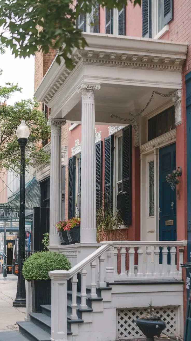 Elegant Historical Townhouse Front Porch in a Bustling Downtown Setting