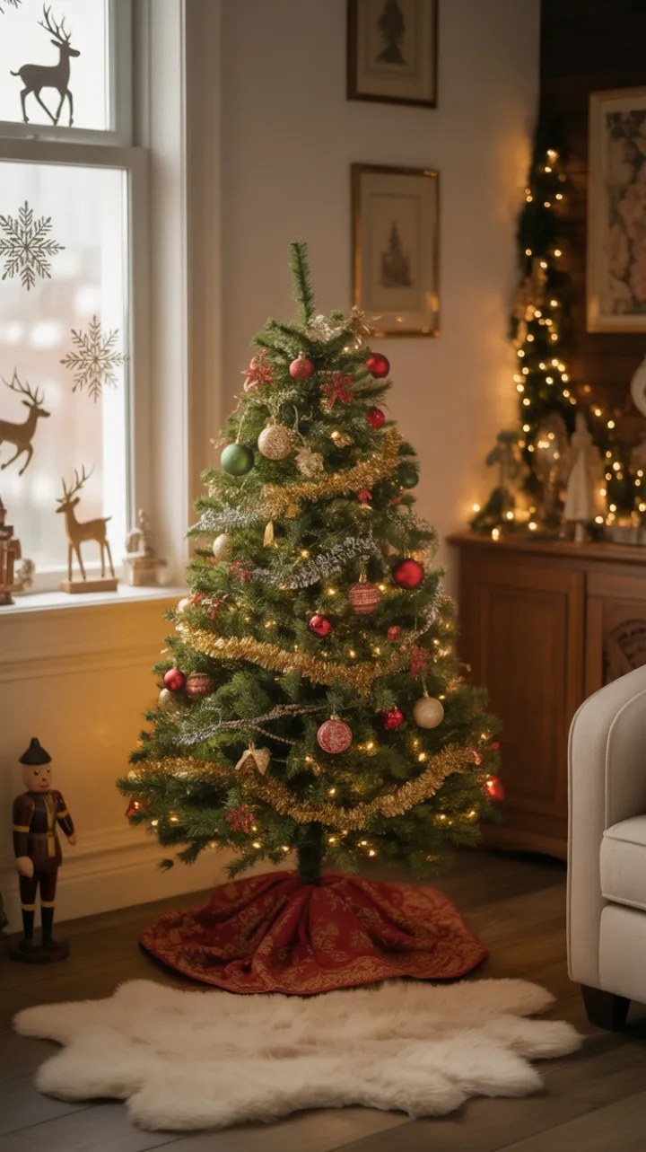 Cozy Vintage Christmas Living Room with a Perfectly Lit Evergreen
