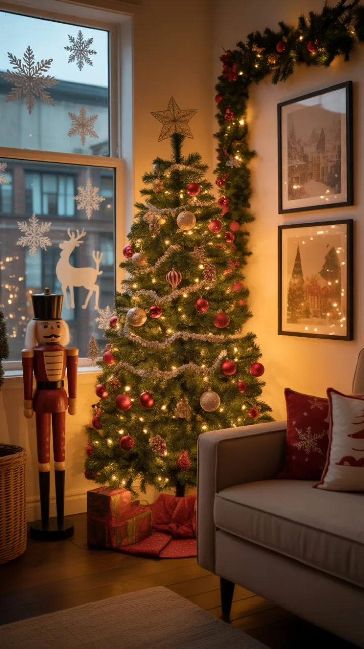 Warm Vintage Christmas Living Room with Classic Tree and Nutcracker