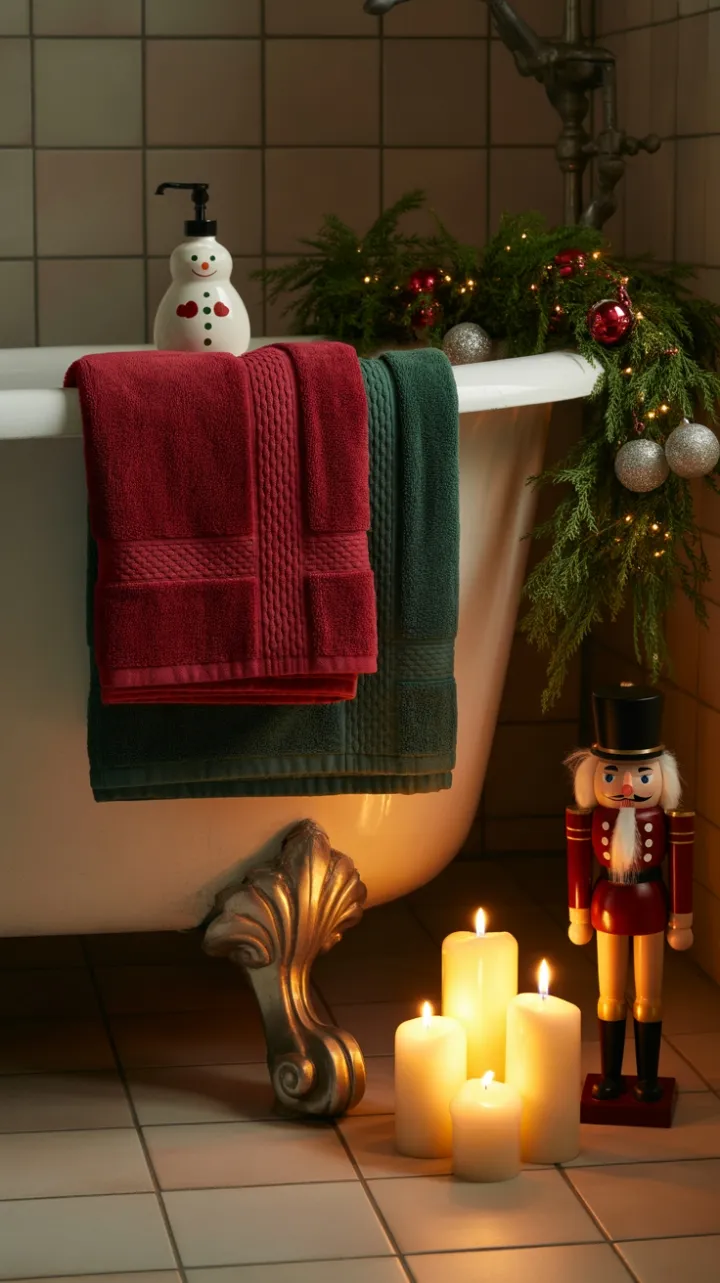 Warm Vintage Christmas Bathroom with Candlelit Towels, Evergreen Garland, and Nutcracker