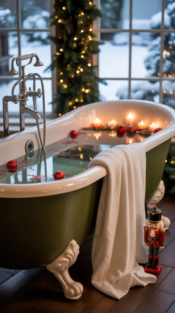 Candlelit Clawfoot Christmas Soak with Floating Ornaments