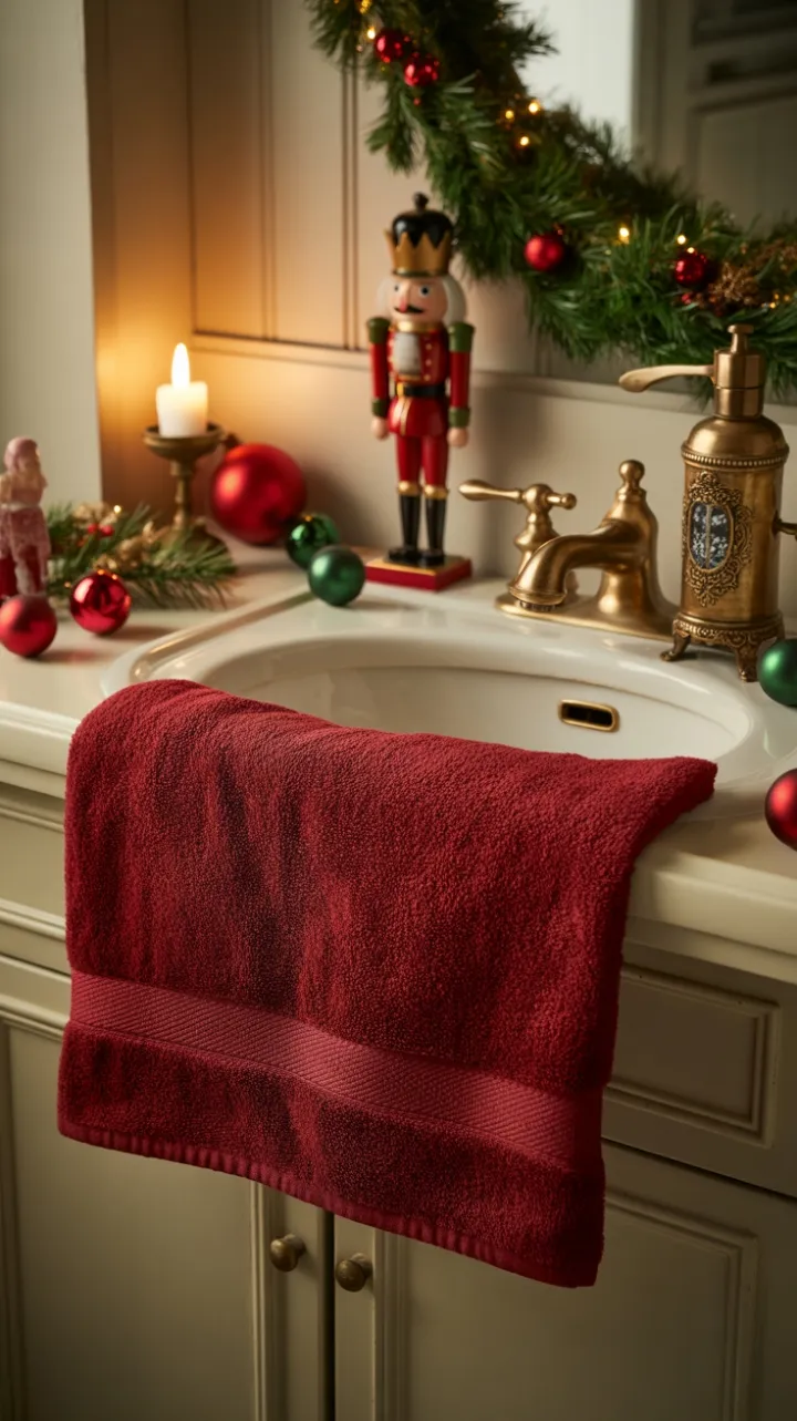Cozy Vintage Christmas Bathroom with Nutcracker and Candlelit Glow