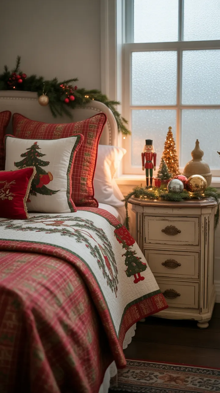 Sunlit Vintage Christmas Bedroom Wrapped in Heirloom Quilts