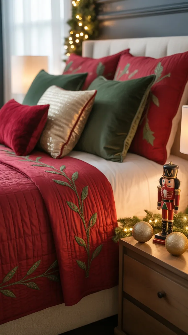 Cozy Christmas Bedroom Dressed in Red Green and Gold
