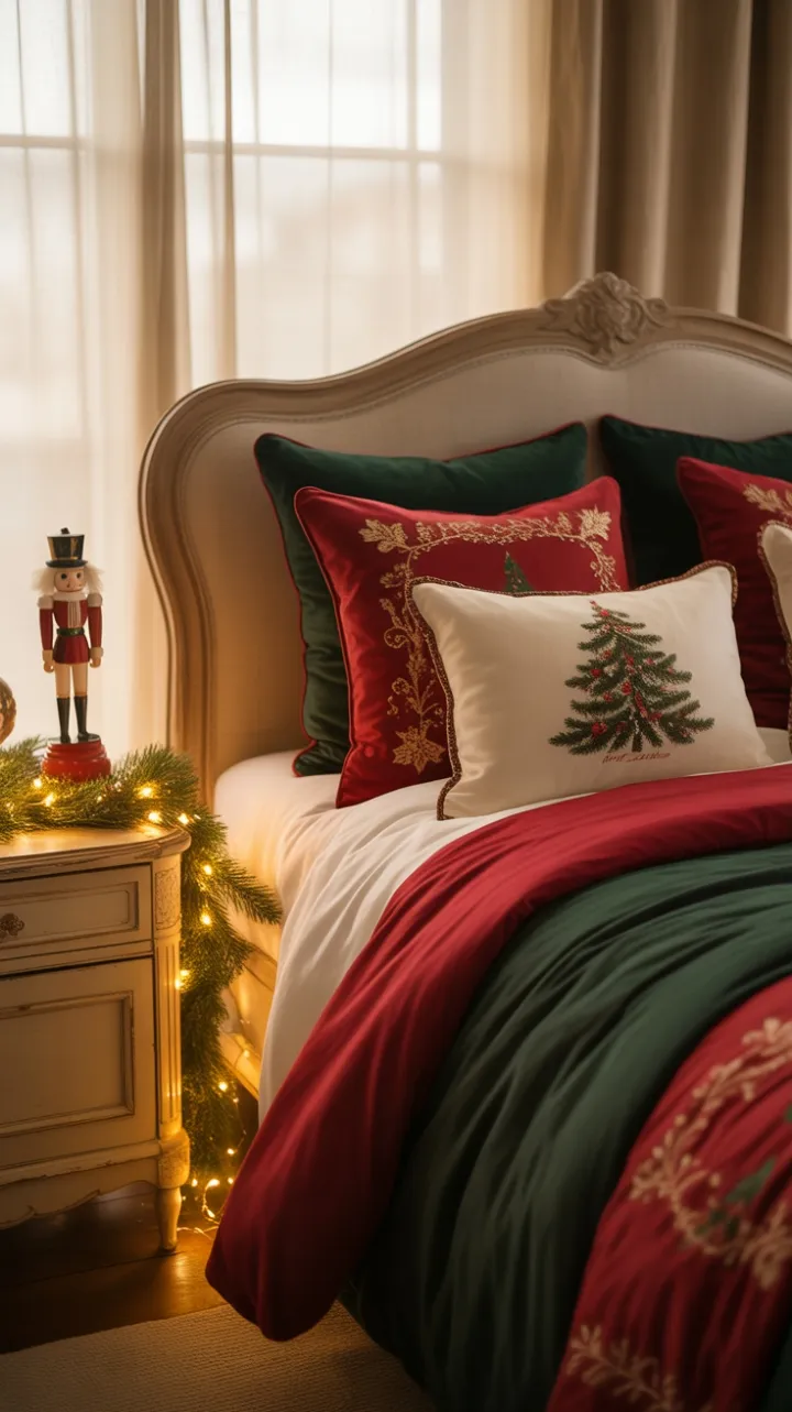 Heirloom Holiday Bedroom Wrapped in Warm Light and Pine