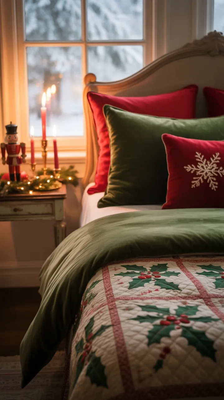 Candlelit Velvet and Holly – A Cozy Christmas Bedroom