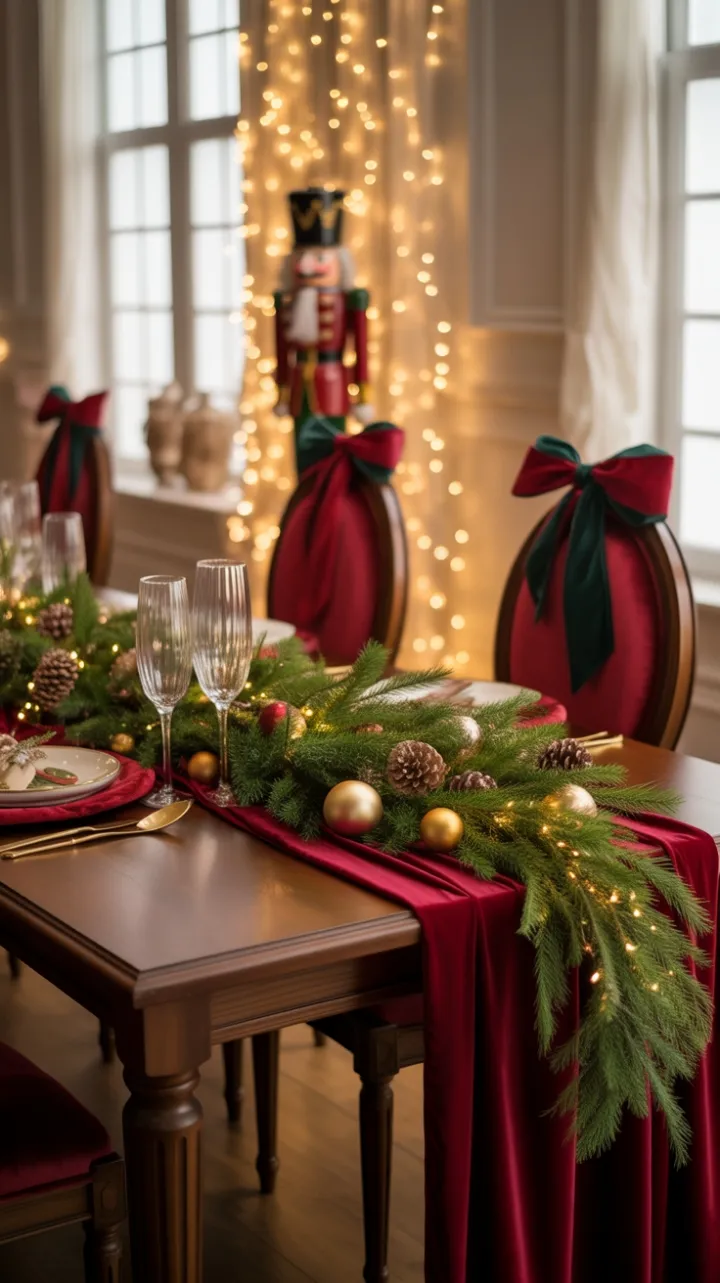Warm Golden Glow Over a Velvet and Pinecone Christmas Table