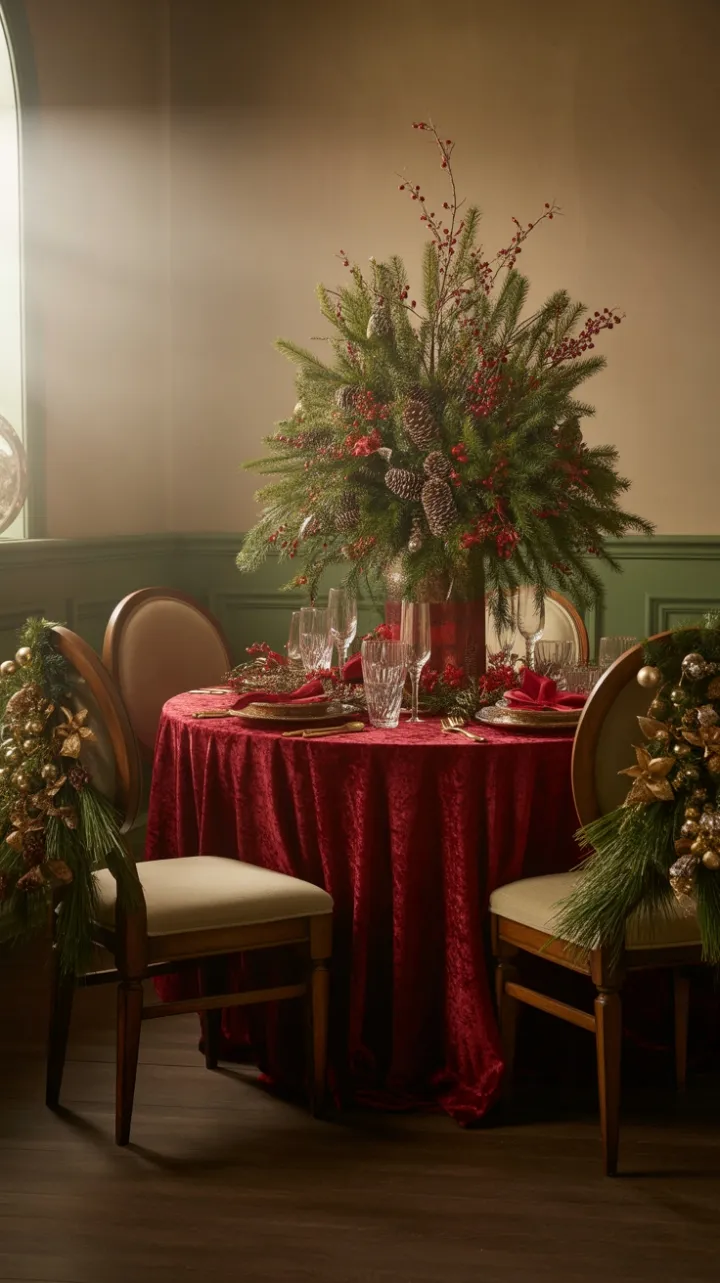 Crimson Velvet Christmas Table Bathed in Golden Light