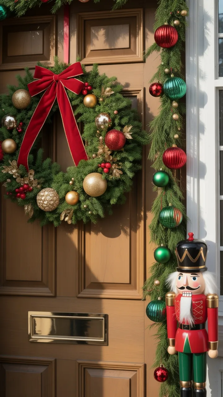 Warm holiday welcome with velvet bow, glistening golden ornaments and a watchful nutcracker
