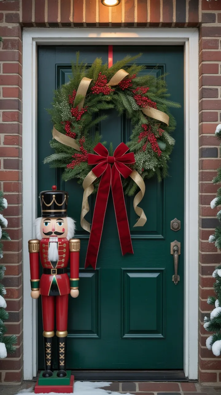 Nutcracker Guard at a Cozy Evergreen Door