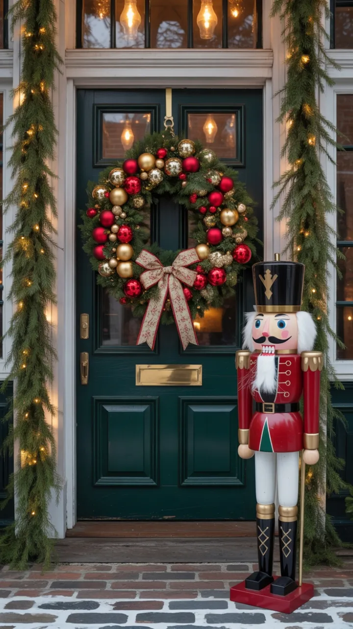 Stately Holiday Welcome on a Snow-Dusted Porch