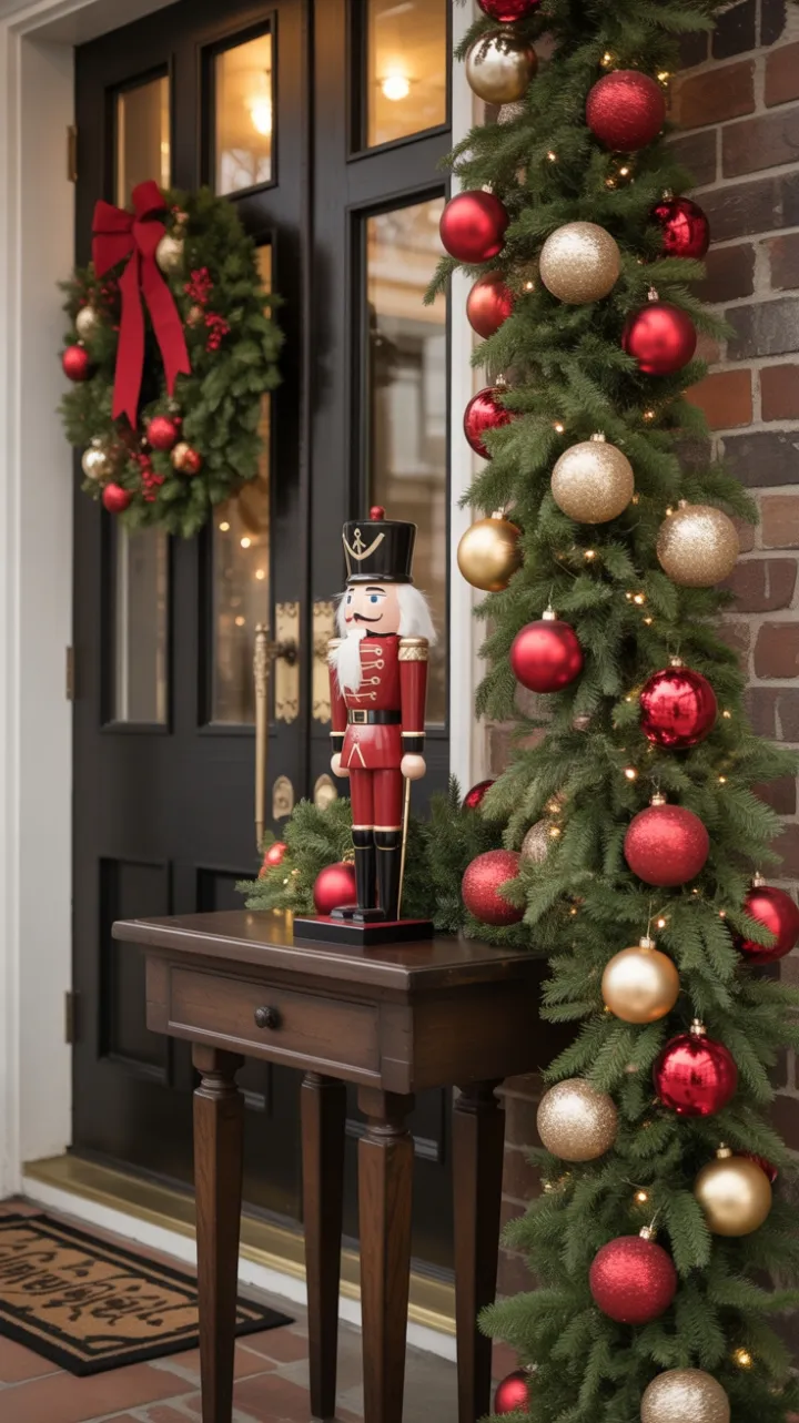 Warm Christmas Entryway with Garland, Nutcracker and Wreath