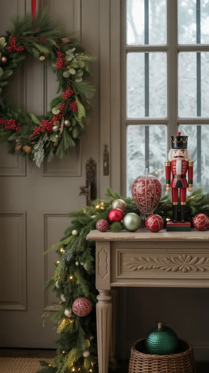Warm Christmas Welcome with Wreath, Nutcracker, and Timeless Holiday Charm