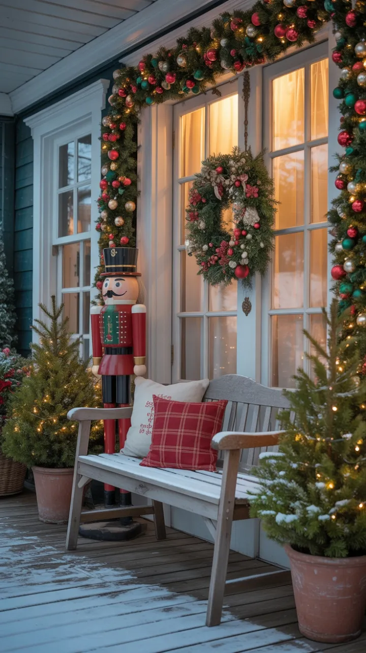 Snow-Kissed Christmas Porch with Nutcracker, Garland, and Warm Light
