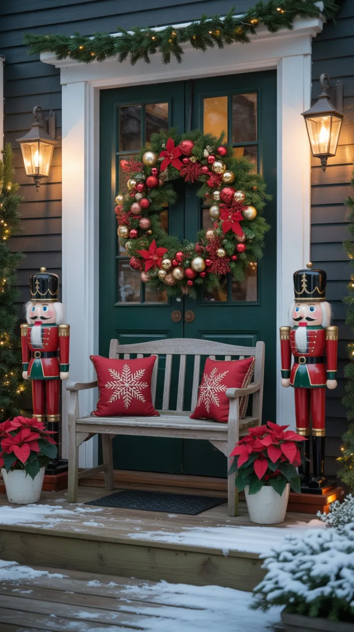 Snow-Kissed Christmas Porch with Twinkling Lights and Guarding Nutcrackers