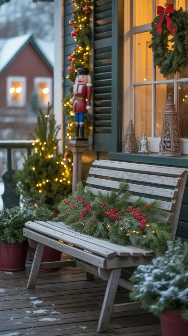 Snow-Kissed Christmas Porch Wrapped in Warm Evening Glow