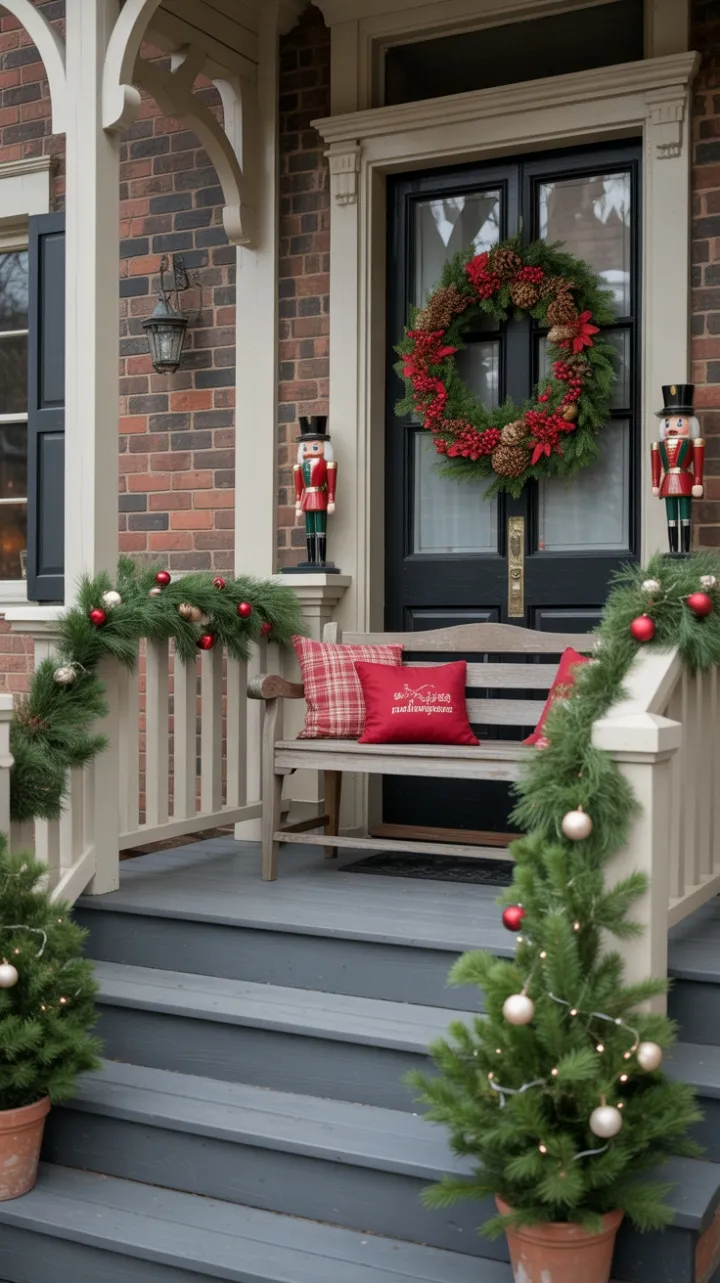 Twinkling Christmas Welcome on a Brick Porch