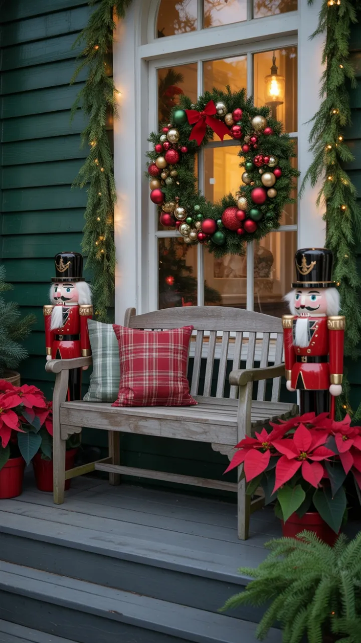 Warm Christmas Porch with Nutcrackers Wreath and Poinsettias