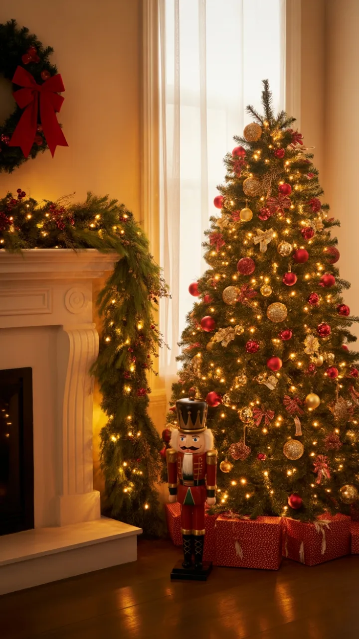 Classic Red and Gold Christmas – Warm Hearth with Twinkling Lights and a Smiling Nutcracker