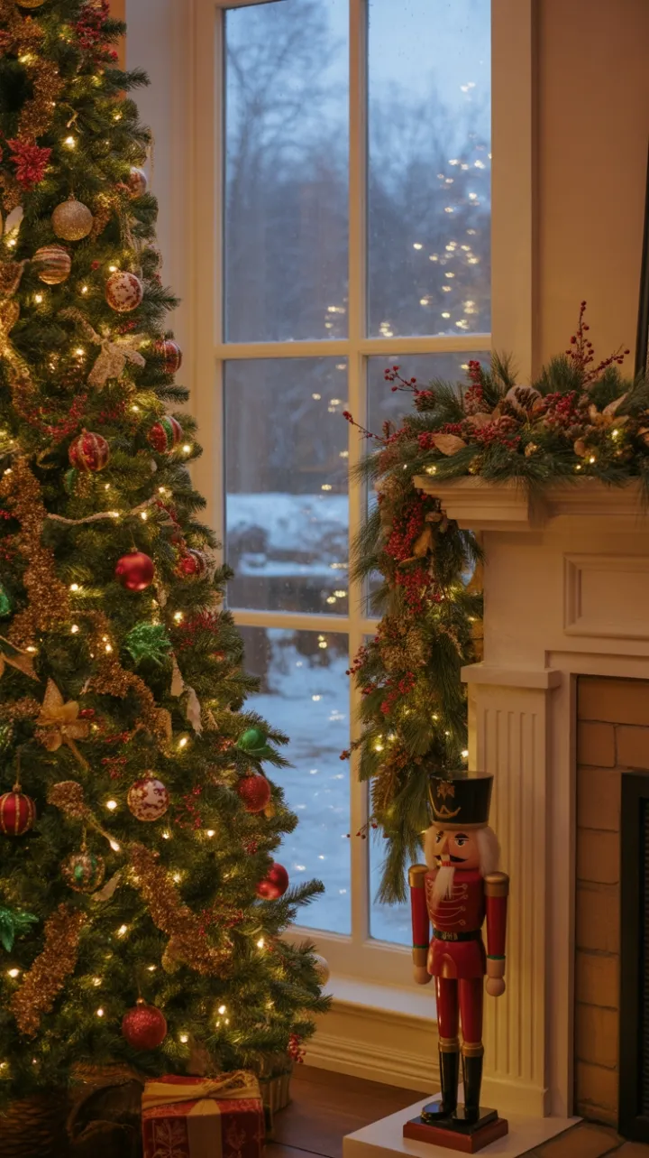 Cozy Christmas Glow with Nutcracker Vigil and Falling Snow
