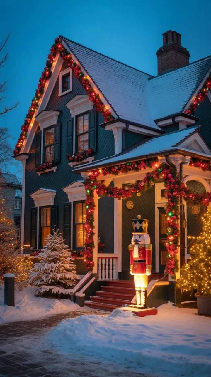 Nutcracker Guarding a Twinkling Victorian Christmas