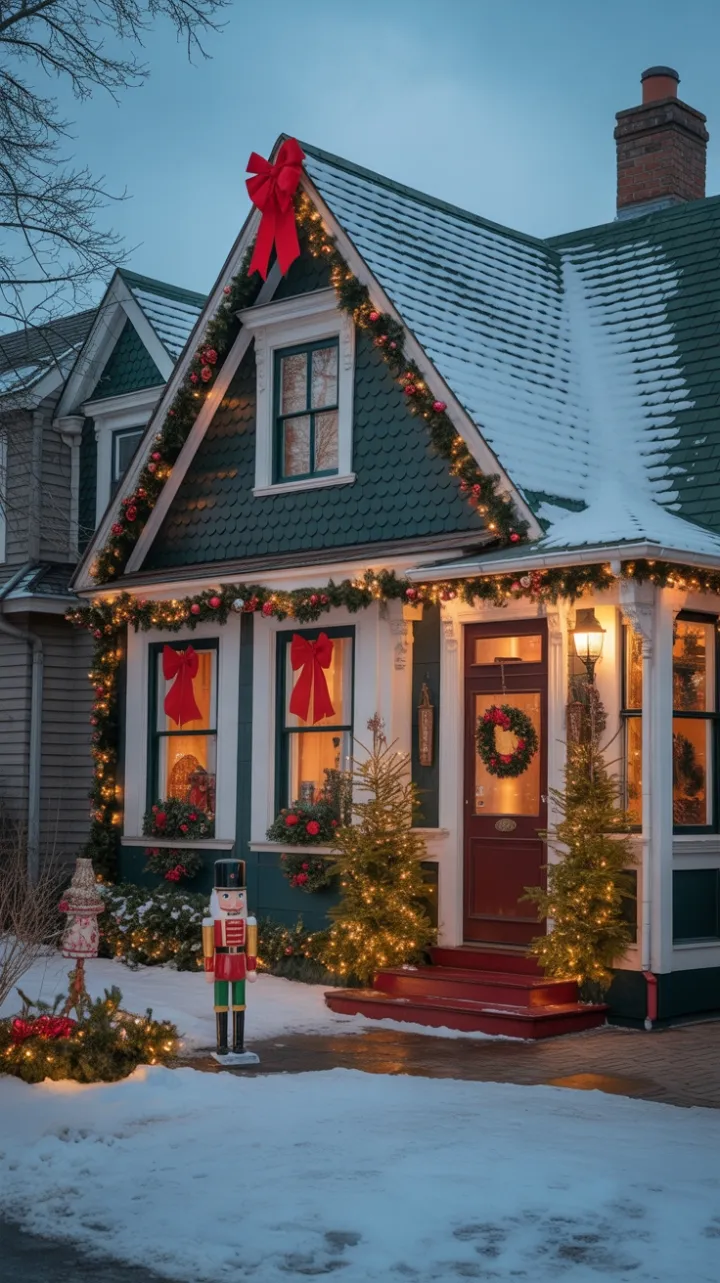 Twinkling Victorian Christmas Wrapped in Garland and Snow