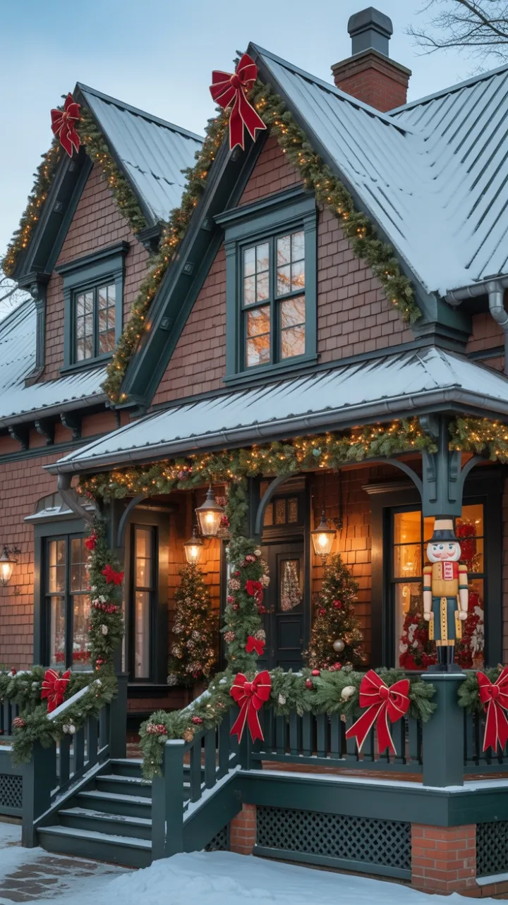 Snow-Kissed Victorian Home Dressed in Twinkling Lights and Nutcracker Charm