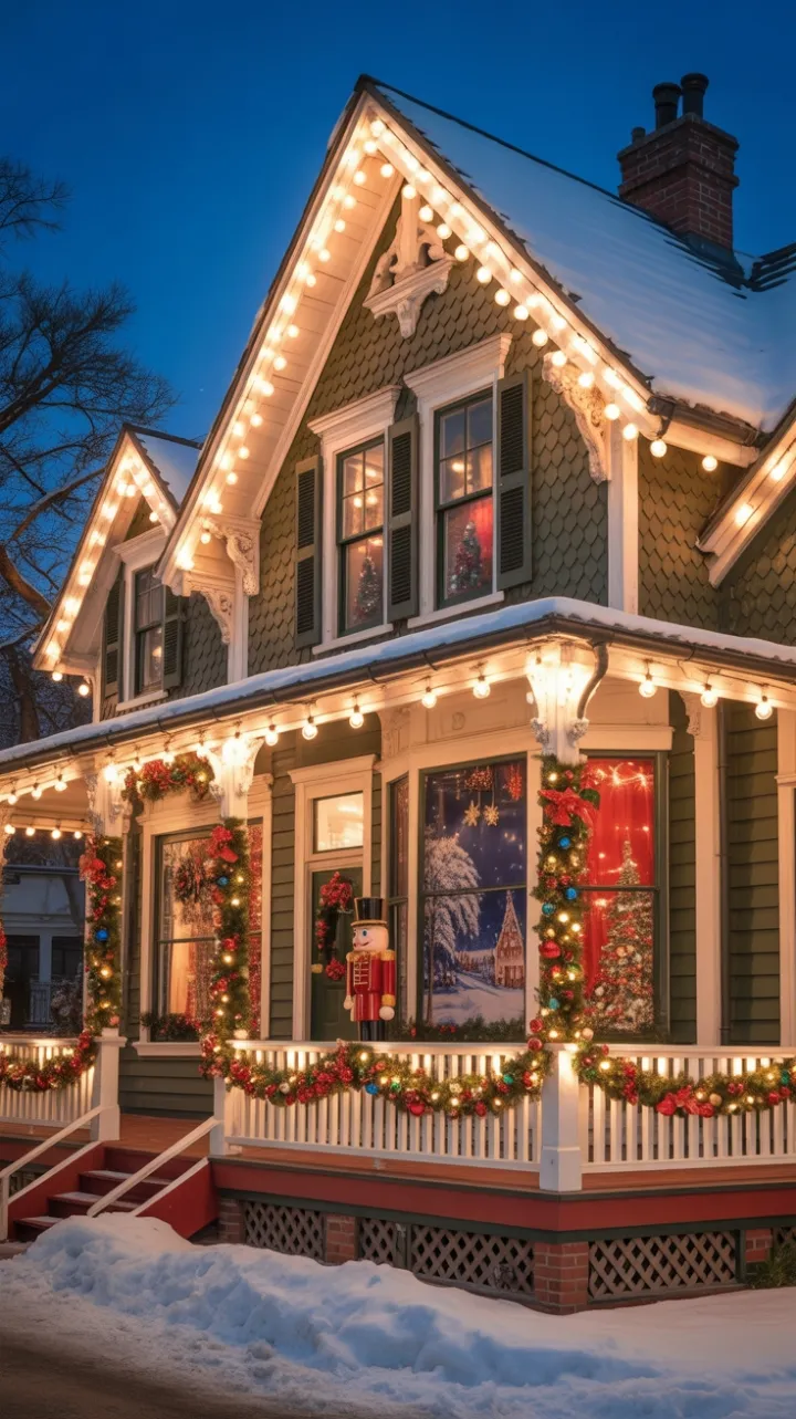 Victorian Christmas at Dusk with Nutcracker and Twinkling Lights