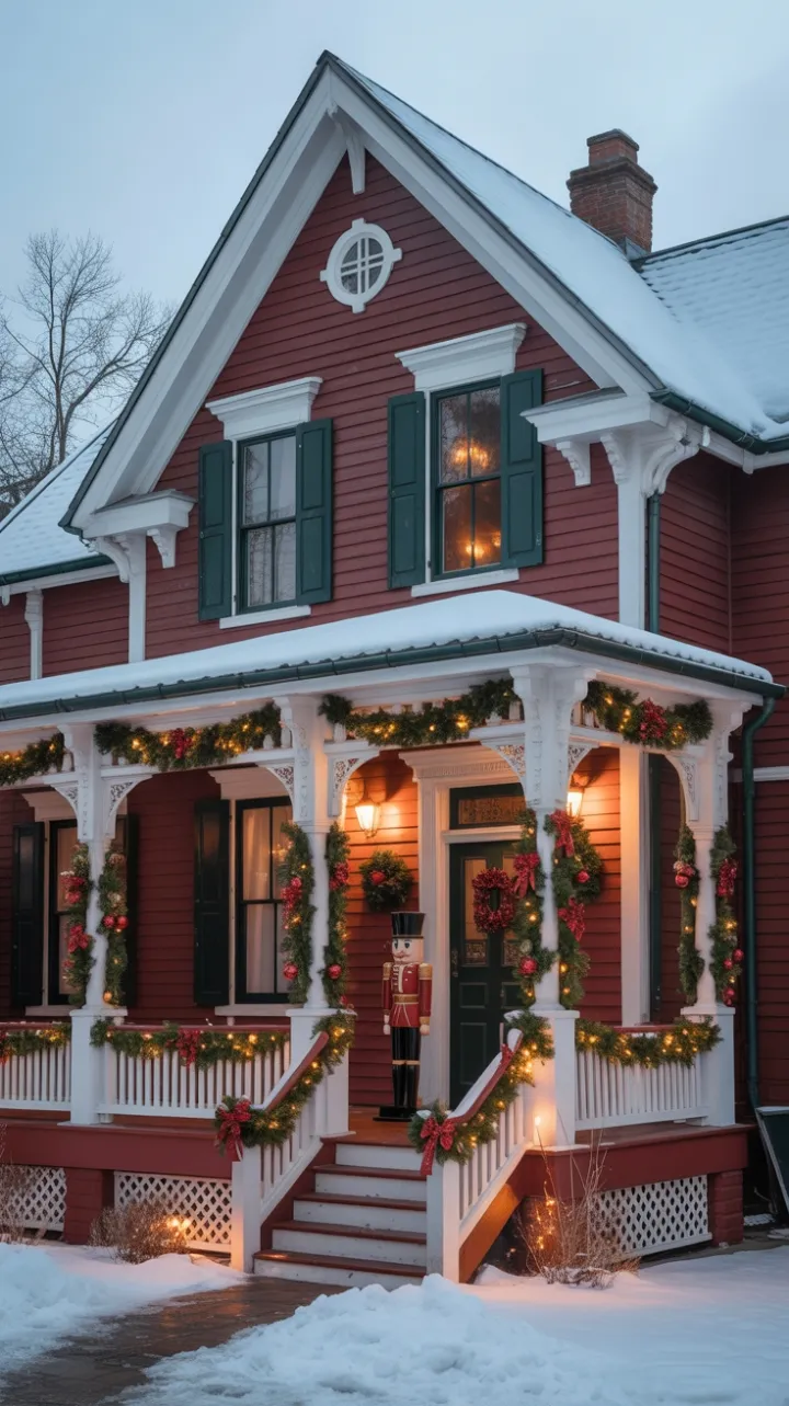Victorian Home Wrapped in Garland and Holiday Glow