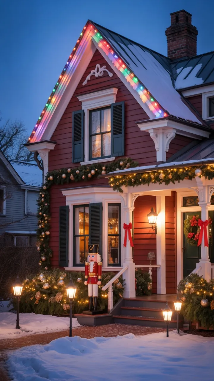 Twilight Glow on a Red Victorian Dressed for Christmas