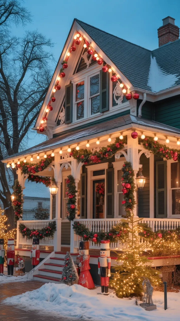 Snow-Kissed Victorian Porch with Nutcrackers and Twinkling Lights