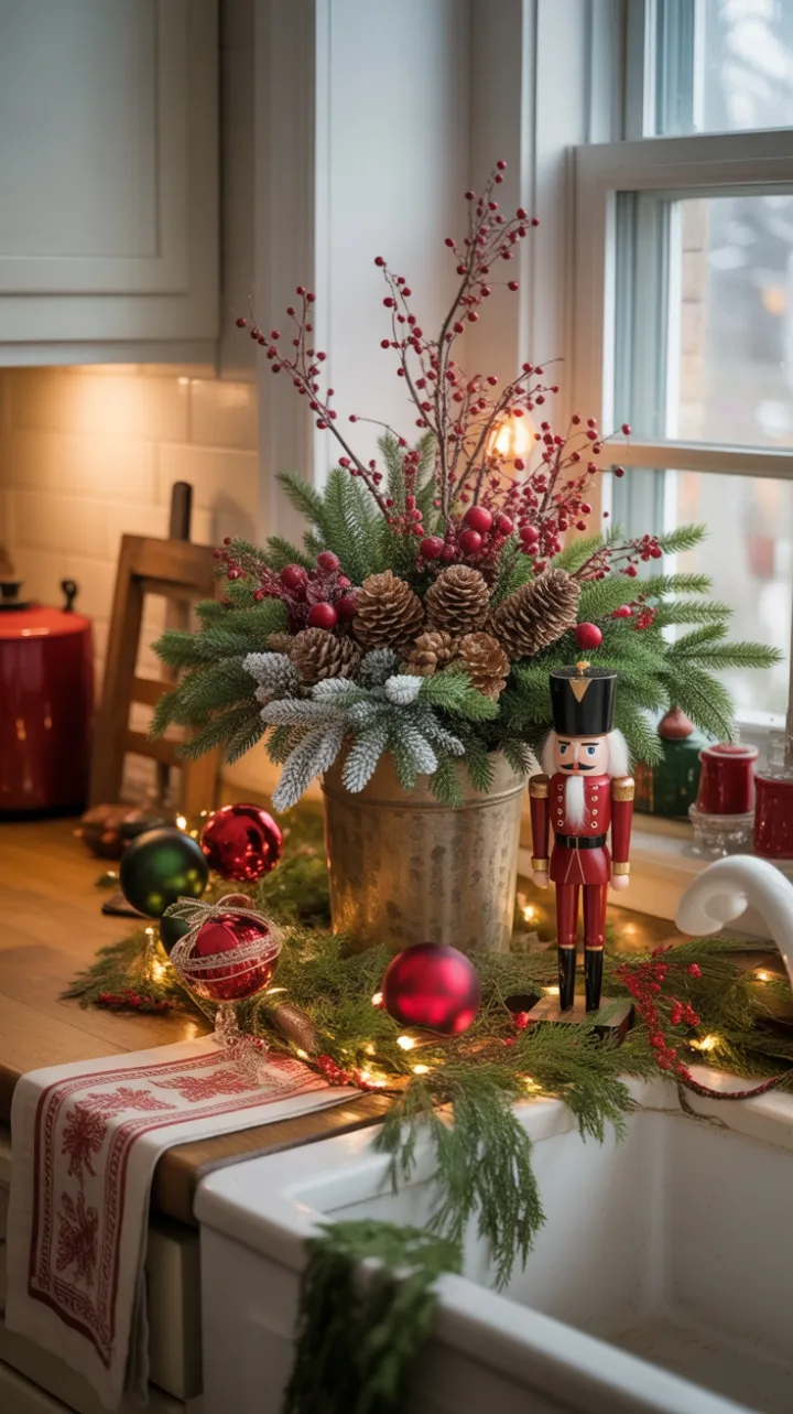 Cozy Christmas Countertop with Nutcracker and Pinecone Centerpiece