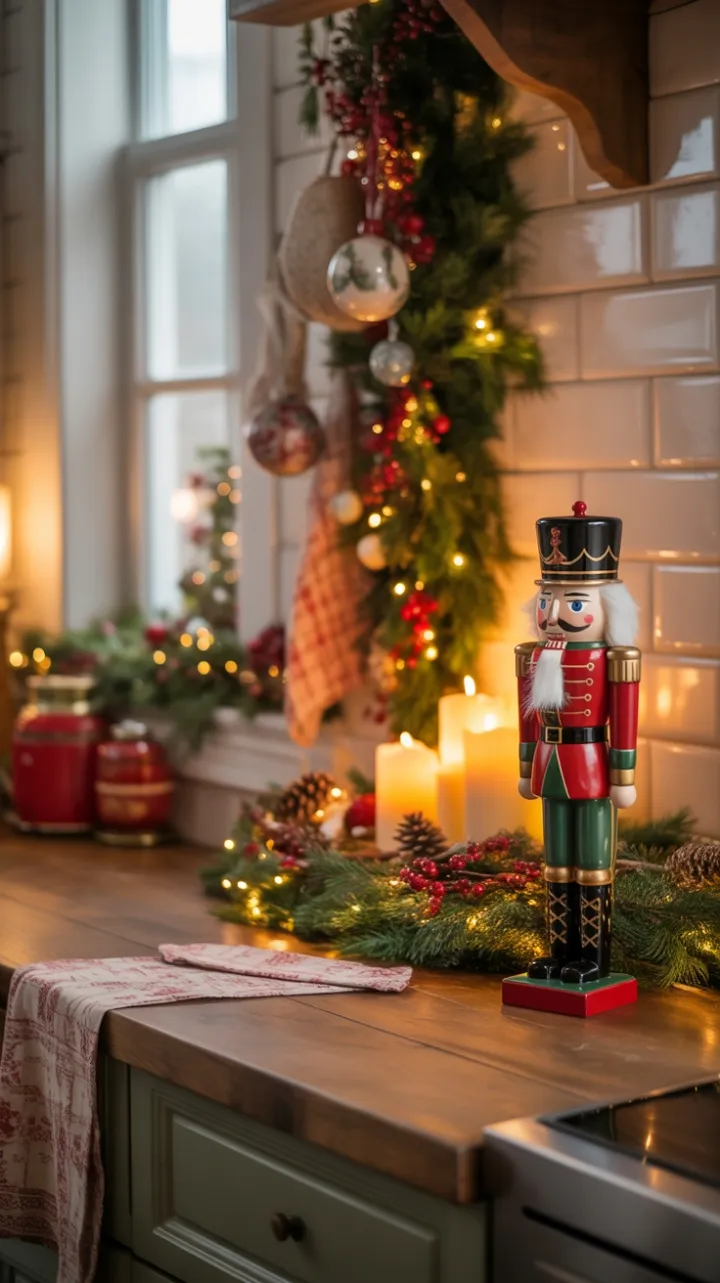 Candlelit Nutcracker in a Cozy Rustic Christmas Kitchen