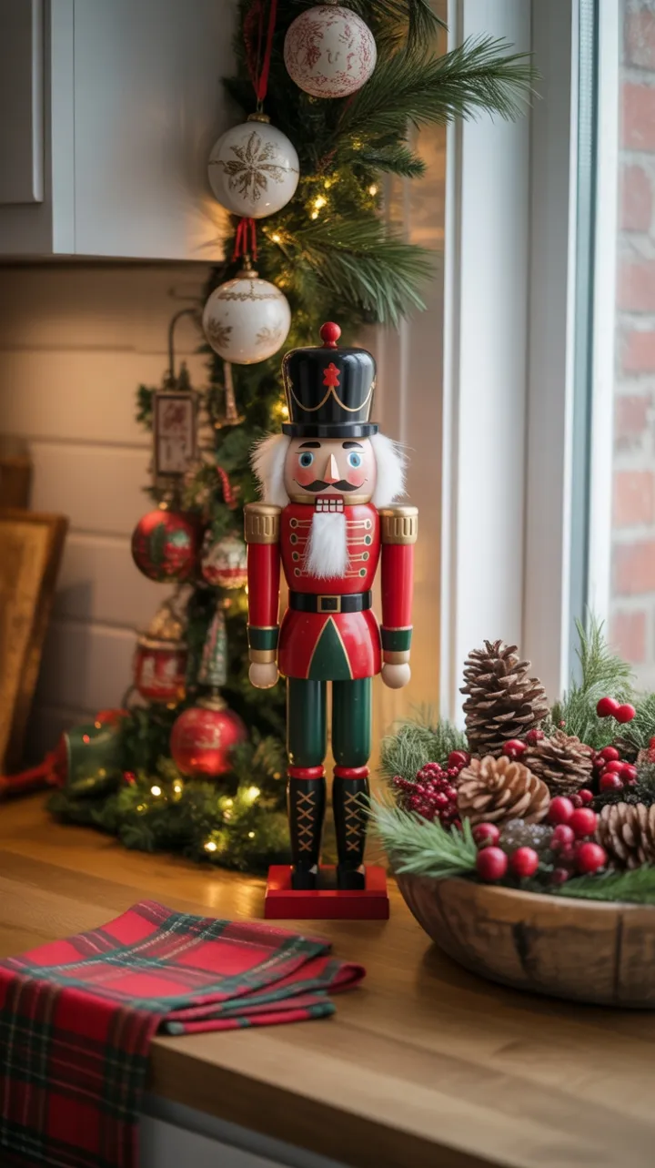 Cozy Christmas Countertop with Nutcracker and Rustic Centerpiece