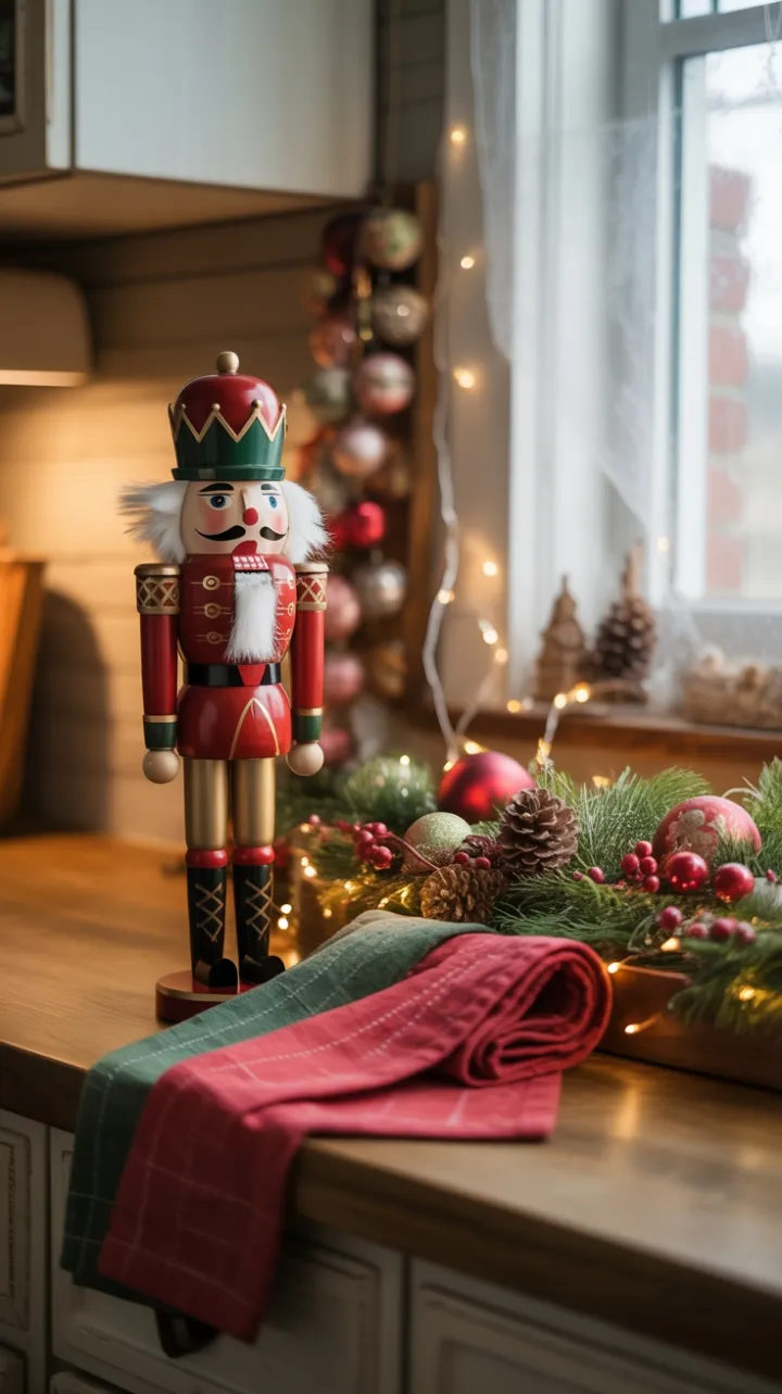 Warm Rustic Christmas Countertop with Nutcracker and Vintage Ornaments