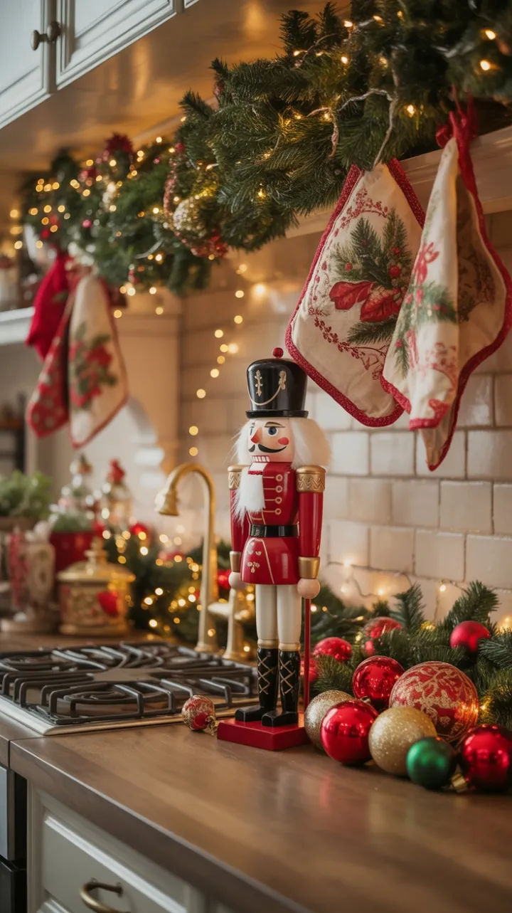 Scarlet Nutcracker Amid Golden Lights on a Cozy Christmas Kitchen Counter