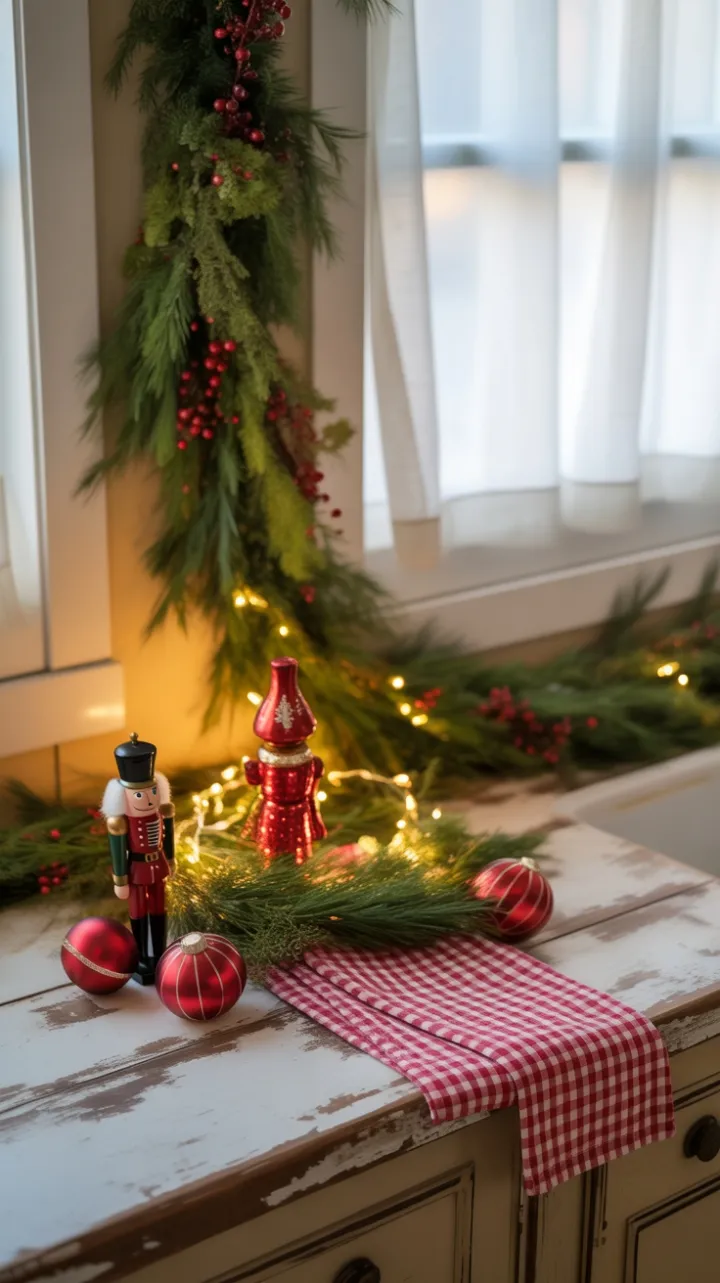 Cozy Christmas Kitchen with Nutcracker, Evergreens, and Twinkling Lights